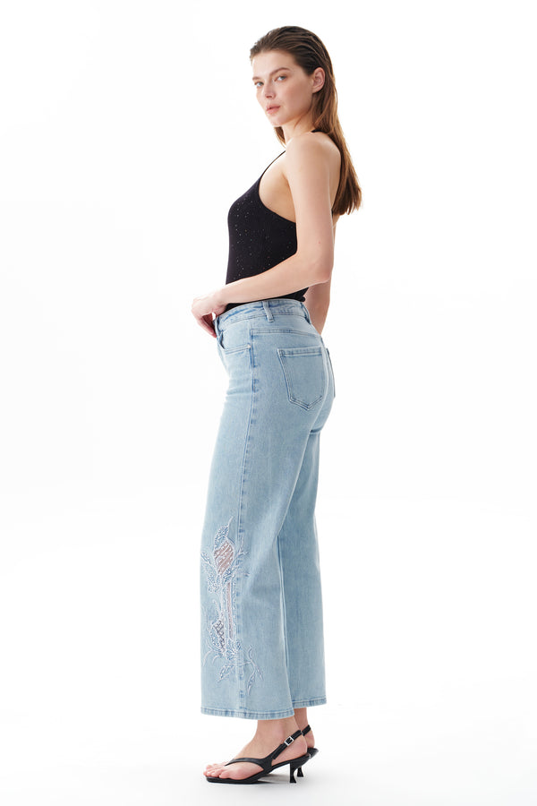 High Rise Ankle Embroidered Straight Leg Jeans