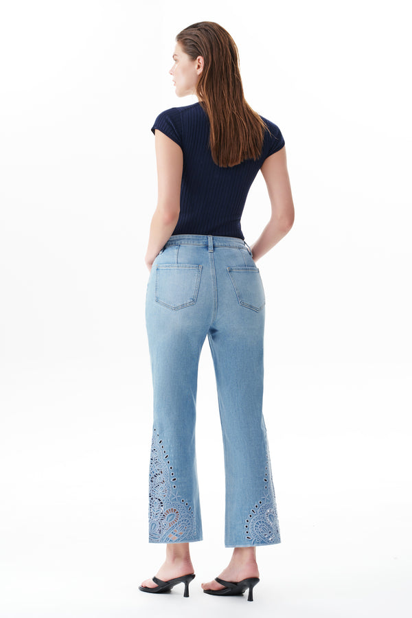 High Rise Ankle Embroidered Lace Straight Leg Pants