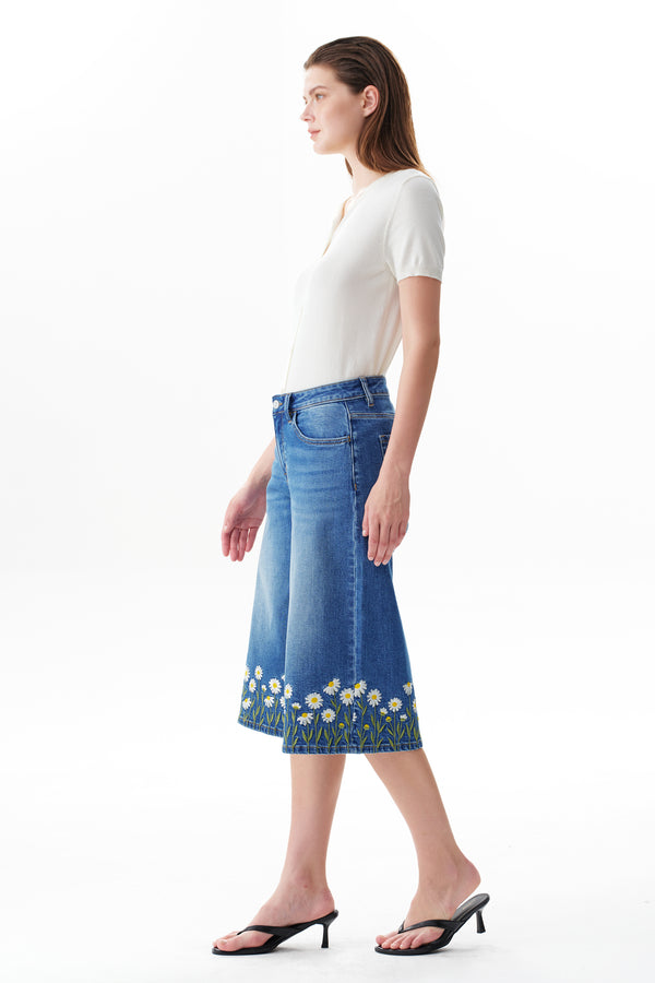 Mid Rise Embroidered Denim Bermuda Shorts