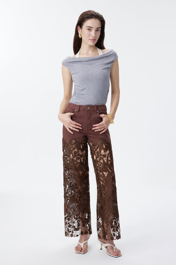 High Rise Ankle Embroidered Lace Wide Leg Jeans