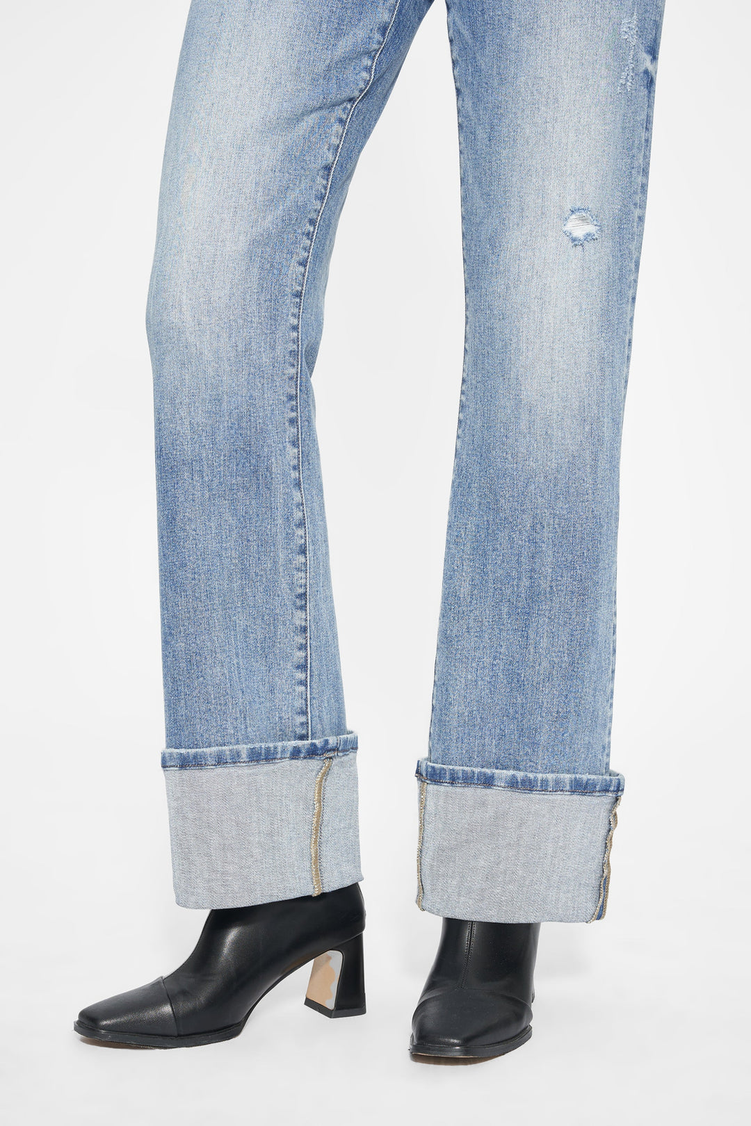 Flora Mid Rise Straight Cuffed Denim Jeans