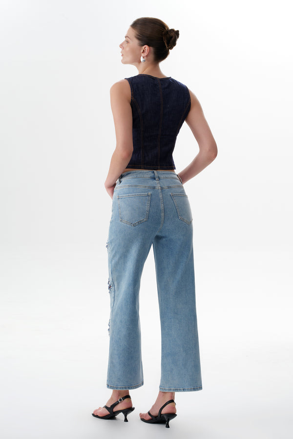 High Rise Floral Embroidered Straight Leg Jeans