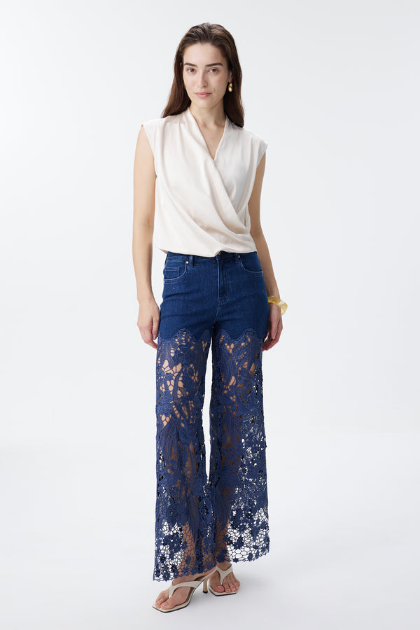 High Rise Ankle Embroidered Lace Wide Leg Jeans