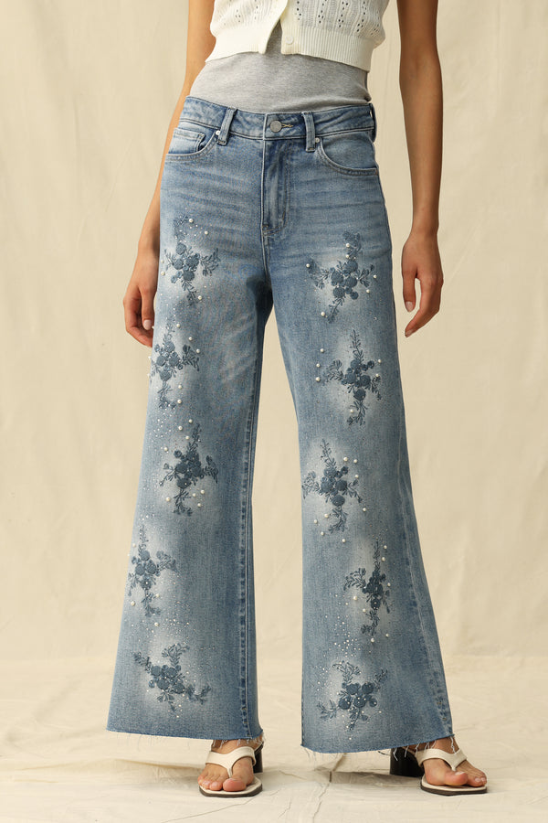 Rhinestone Embroidery Wide Leg Jeans