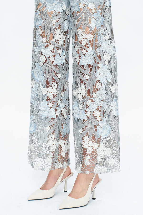 Embroidery Wide Leg Lace Jeans With Rhinestone