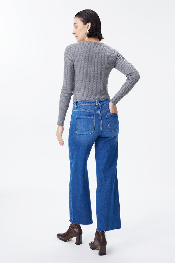 High Rise Relaxed Ankle Raw Hem Straight Leg Jeans