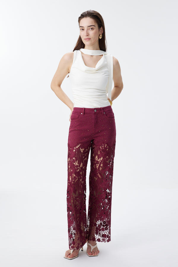 High Rise Ankle Embroidered Lace Wide Leg Jeans