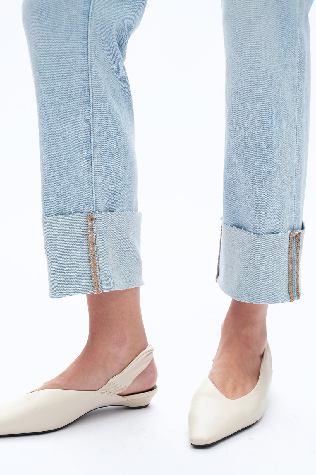 High Rise Straight Leg Denim Jeans With Rolled Hem