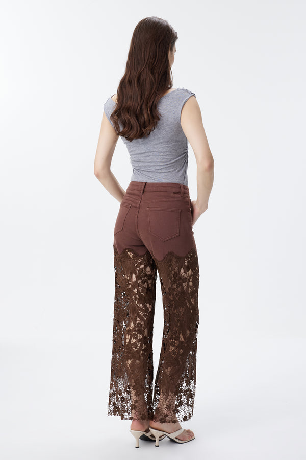 High Rise Ankle Embroidered Lace Wide Leg Jeans