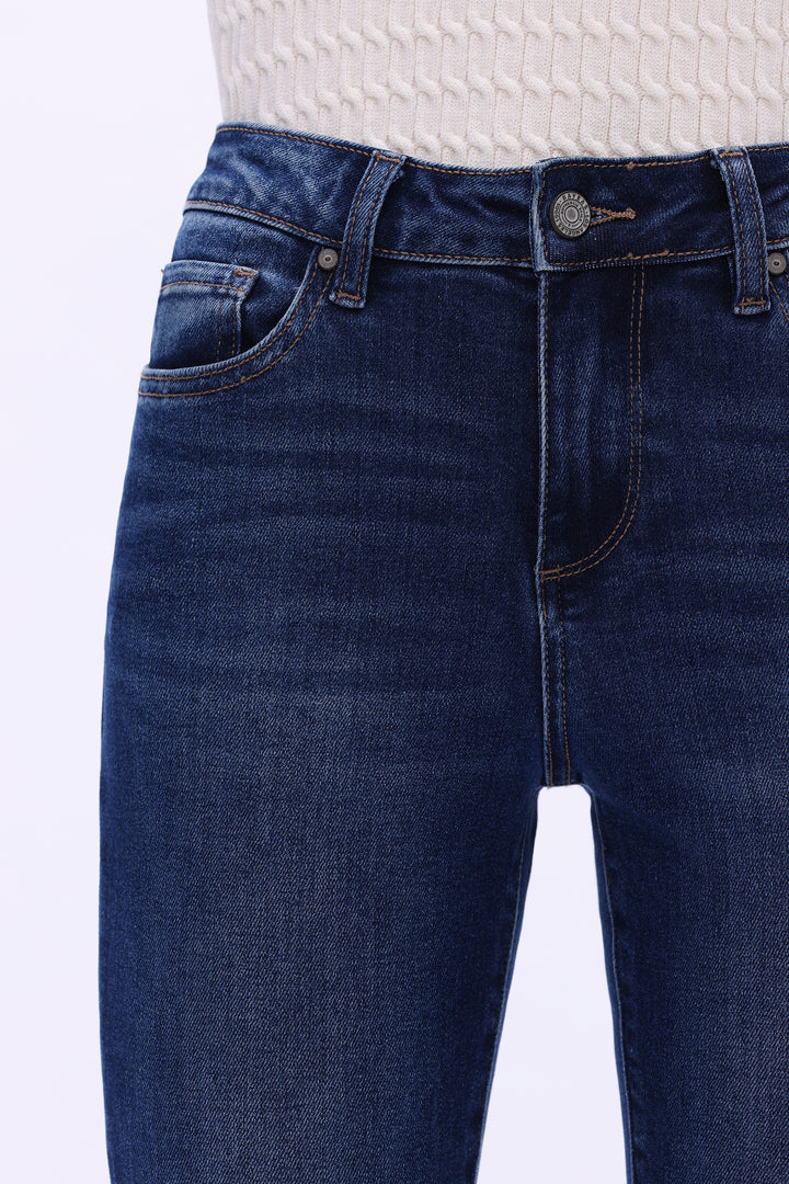 High Rise Flare Denim Jeans With Frayed Hem