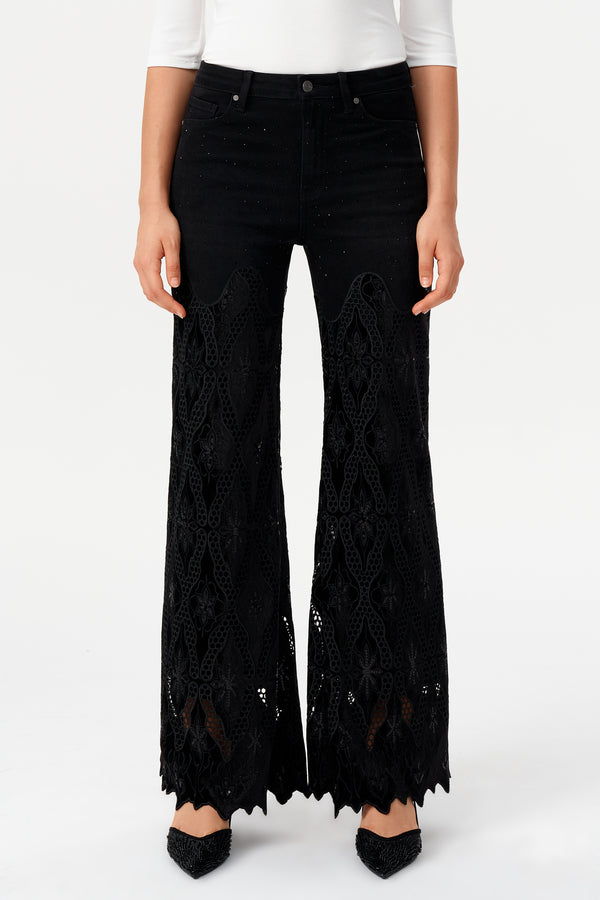 High Rise Lace Rhinestone Wide Leg Jeans
