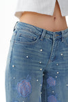 Chic Mid Rise Pearl Embellished Wide Leg Jeans