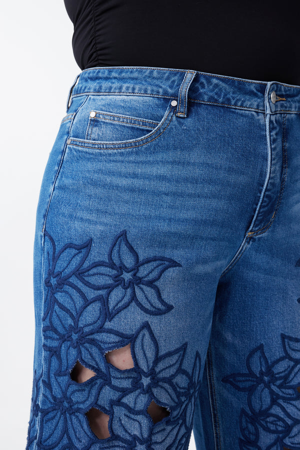 High Rise Embroidered Lace Wide Leg Jeans