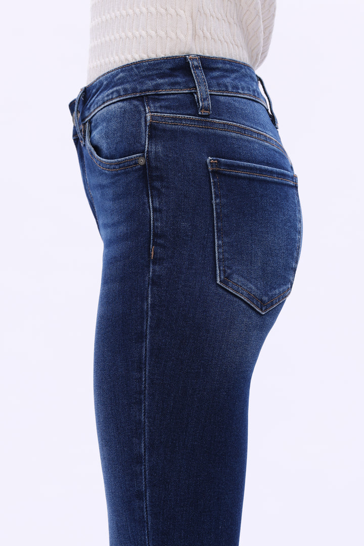 High Rise Flare Denim Jeans With Frayed Hem
