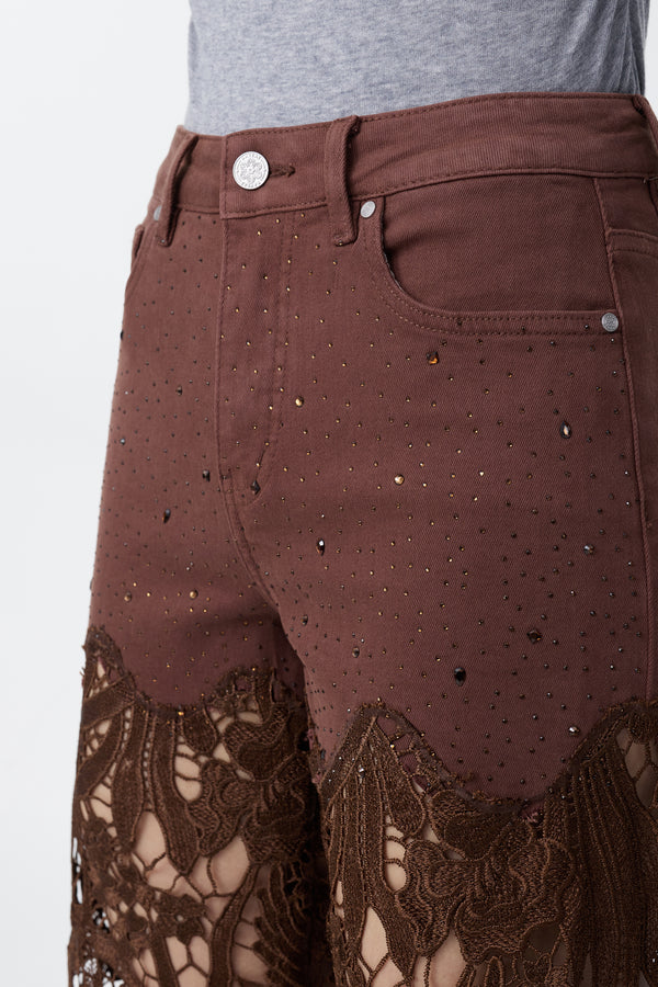 High Rise Ankle Embroidered Lace Wide Leg Jeans