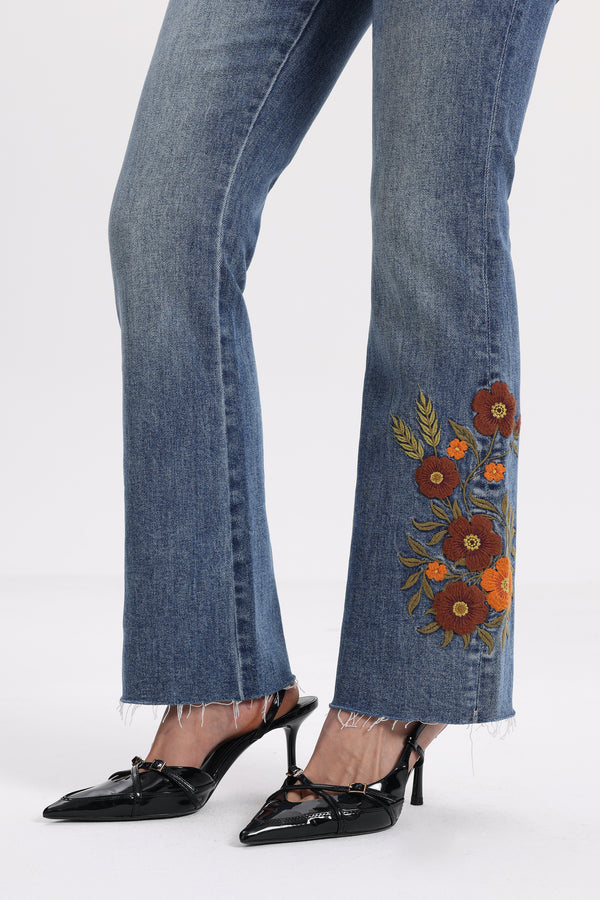 Mid Rise Floral Embroidered Raw Hem Bootcut Jeans