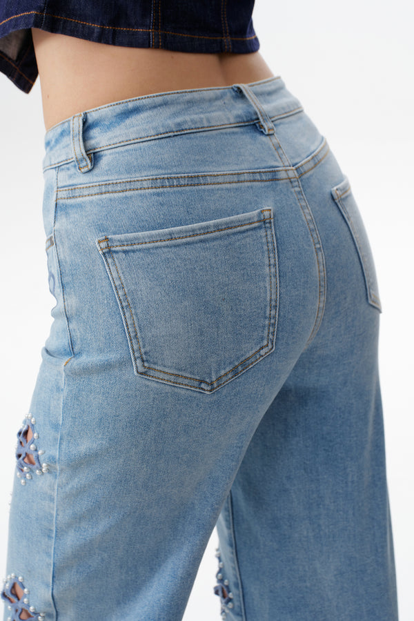 High Rise Floral Embroidered Straight Leg Jeans