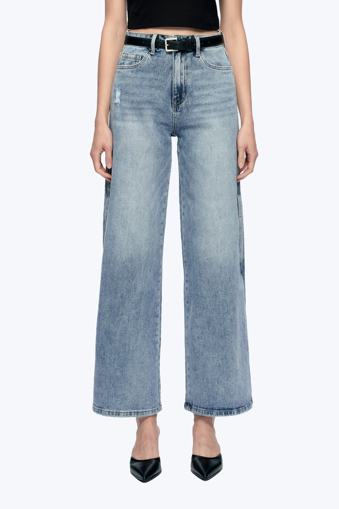 High Rise Wide Leg Denim Jeans With Slit – Bayeas