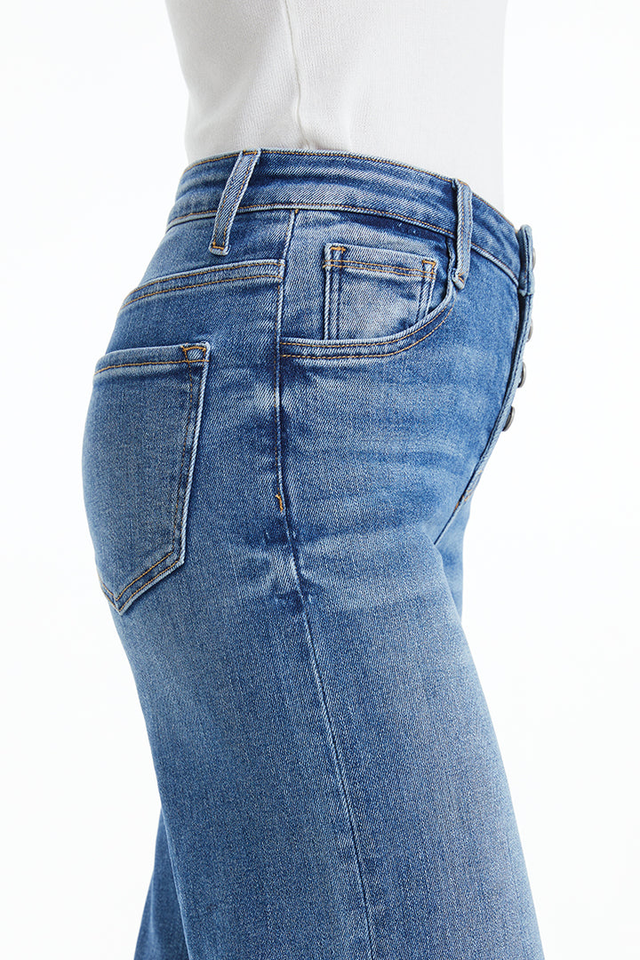 High Rise Wide Leg Denim Jeans With Frayed Hem