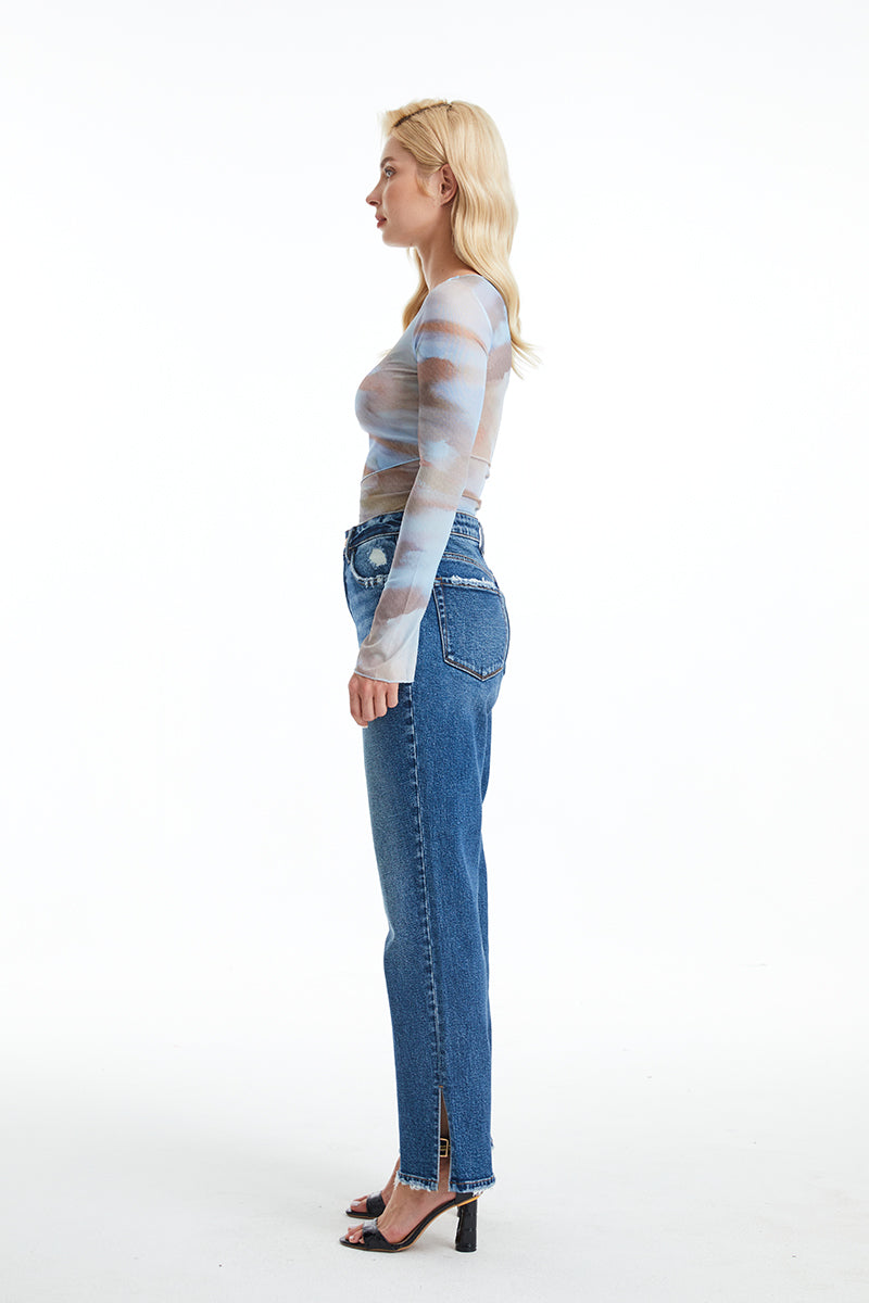 HIGH RISE STRAIGHT DENIM JEANS WITH SLIT