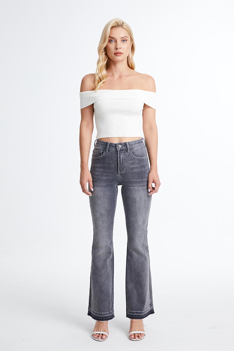 HIGH RISE FLARE LEG JEANS WITH RAW HEM