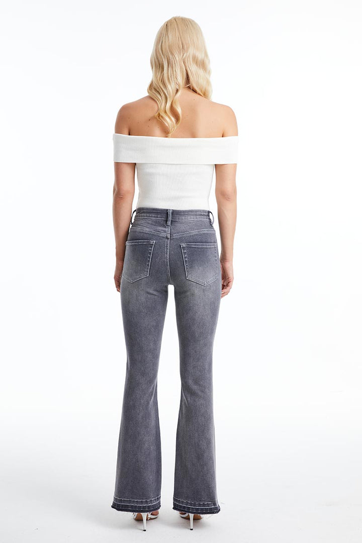 HIGH RISE FLARE LEG JEANS WITH RAW HEM