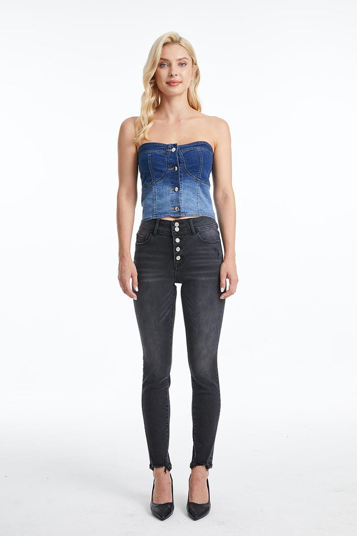 HIGH RISE BUTTON FLY SKINNY DENIM JEANS