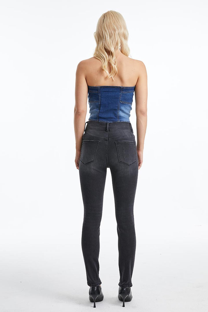 HIGH RISE BUTTON FLY SKINNY JEANS