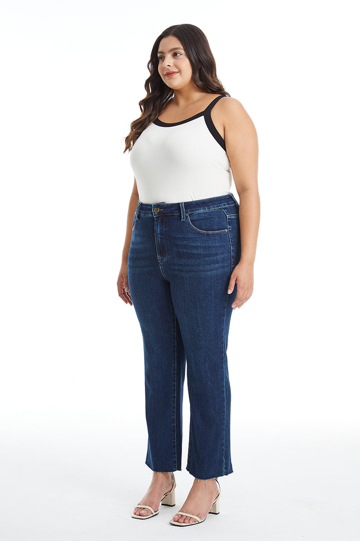 PLUS SIZE MID-RISE STRAIGHT RAW EDGE JEANS