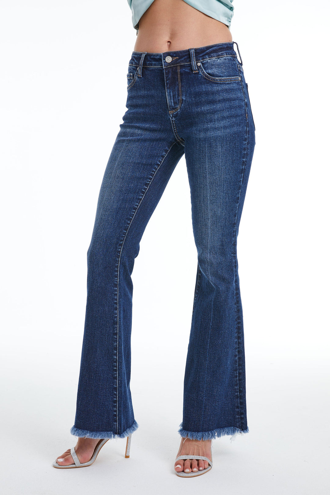 High Rise Flare Denim Jeans With Frayed Hem