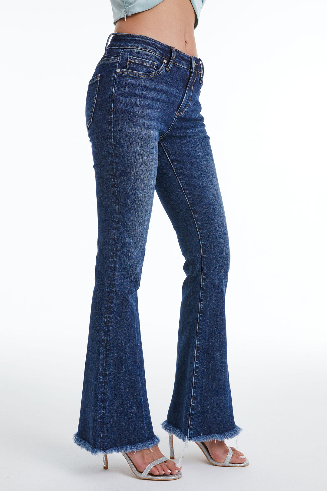 High Rise Flare Denim Jeans With Frayed Hem