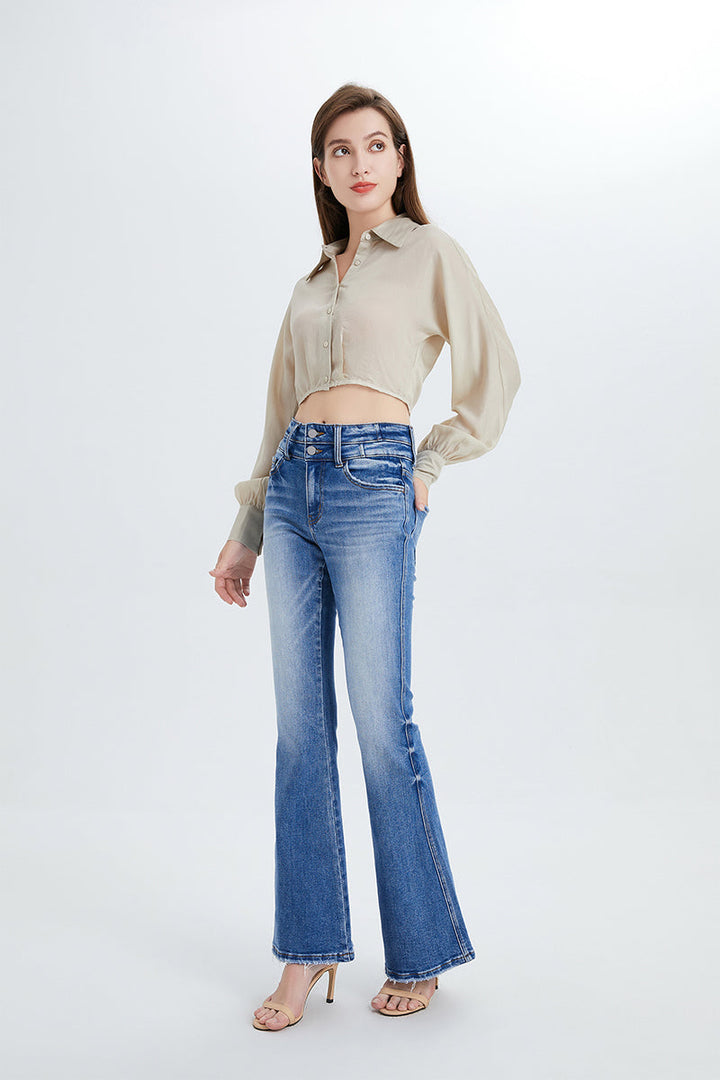 HIGH RISE FLARE DENIM JEANS WITH CLEAN HEM