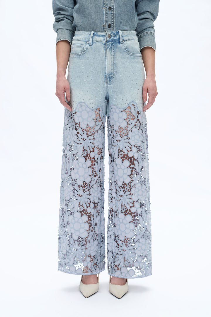 Ultra High Rise Lace Patchwork Wide Leg Denim Jeans