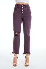 HIGH RISE STRAIGHT JEANS BUTTON FLY WITH FRAYED HEM BYT5113 PLUM