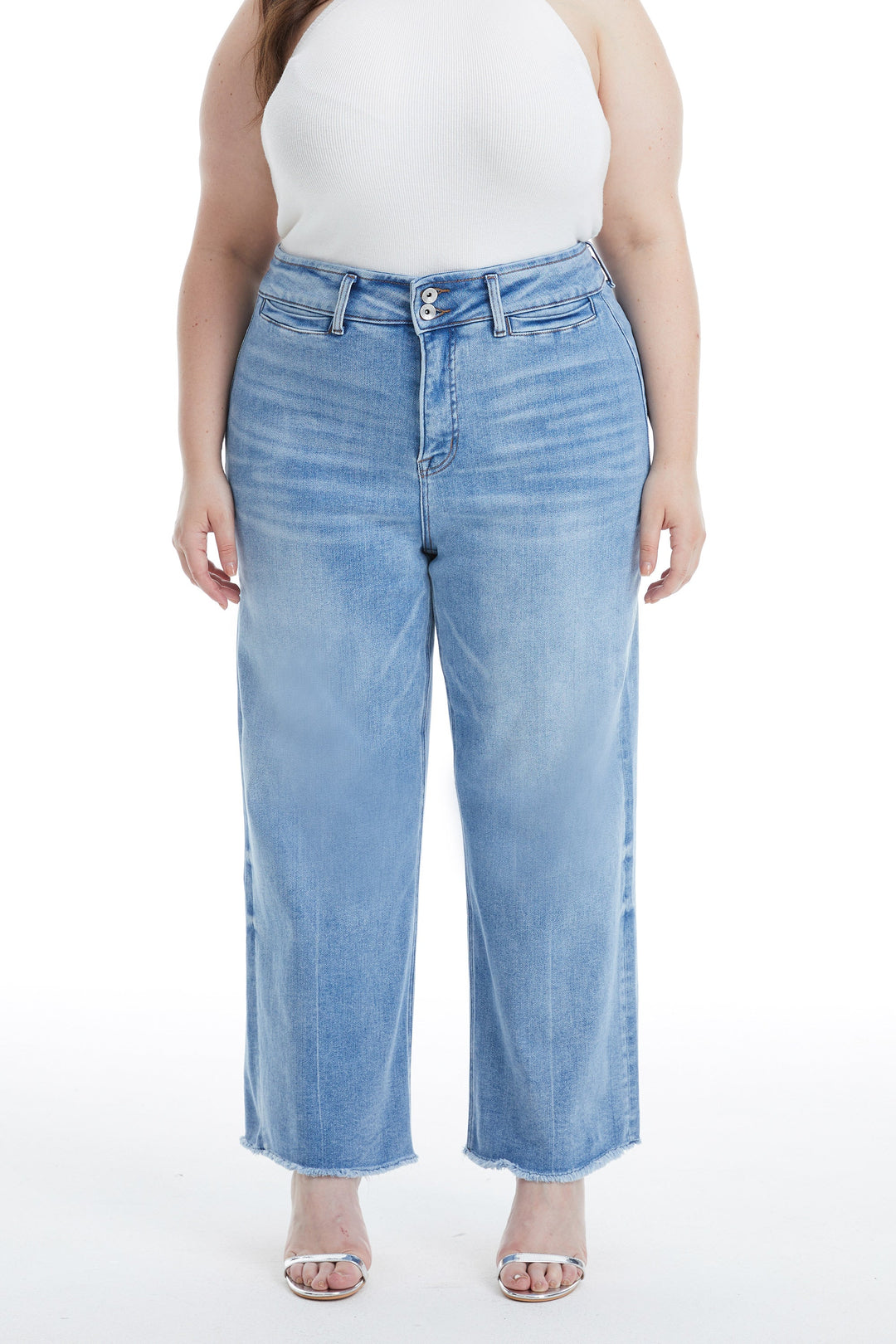High Rise Wide Leg Denim Jeans With Raw Hem Plus Size