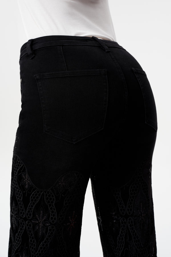 High Rise Lace Rhinestone Wide Leg Jeans