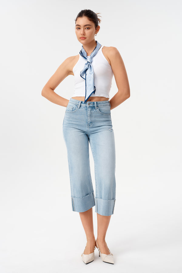 High Rise Cuffed Wide Leg Jeans