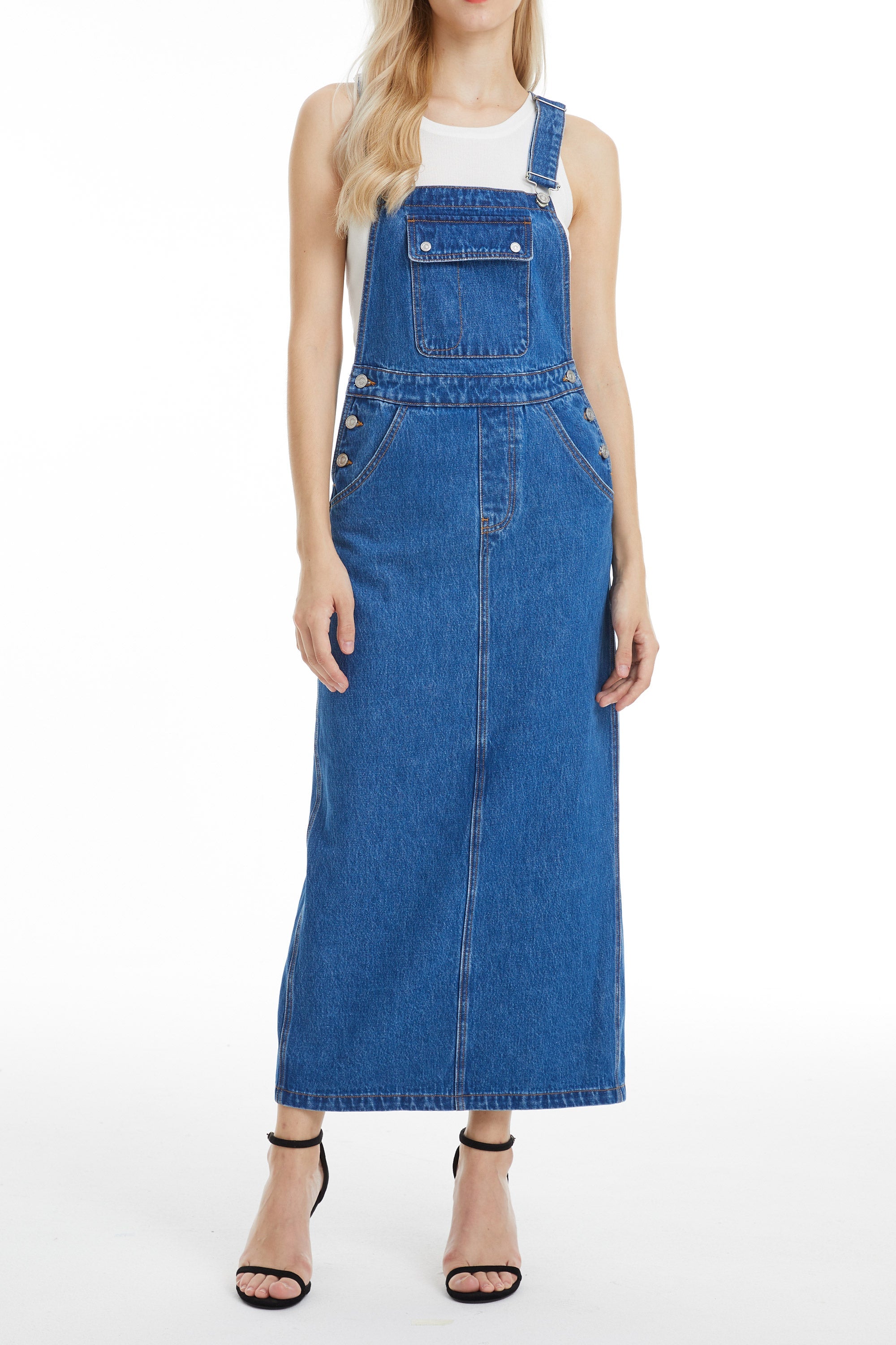 suspender denim dress Unique Bargains Women's Button Down Adjustable Strap Suspender Denim Dress